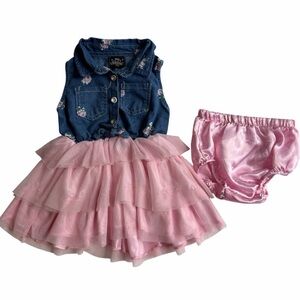 Blue and Pink Casual Dress with Ruffled Hem